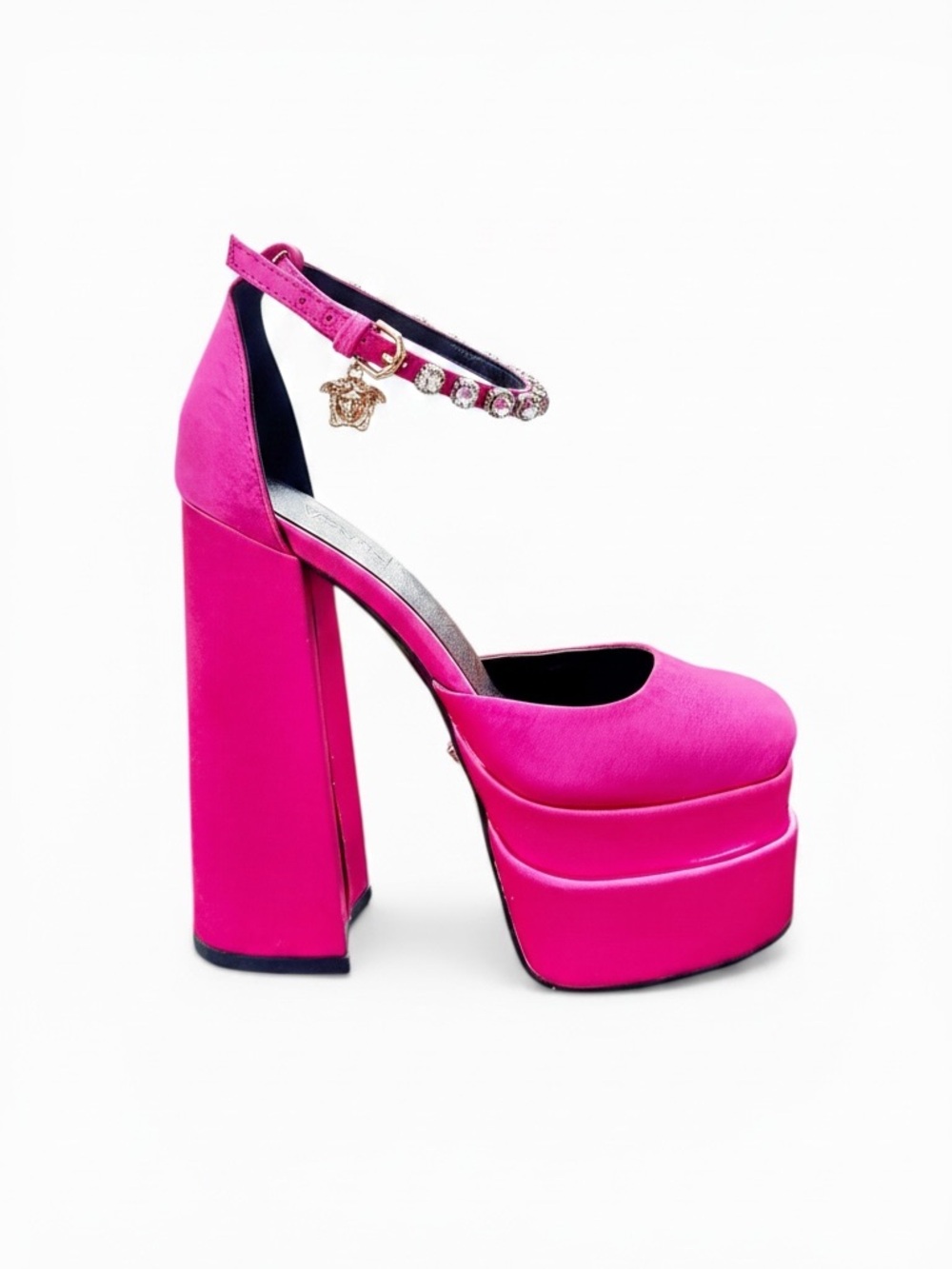 VERSACE Medusa Aevitas Platform Pumps Pink Satin Crystal Strap Shoes EU 35 US 5